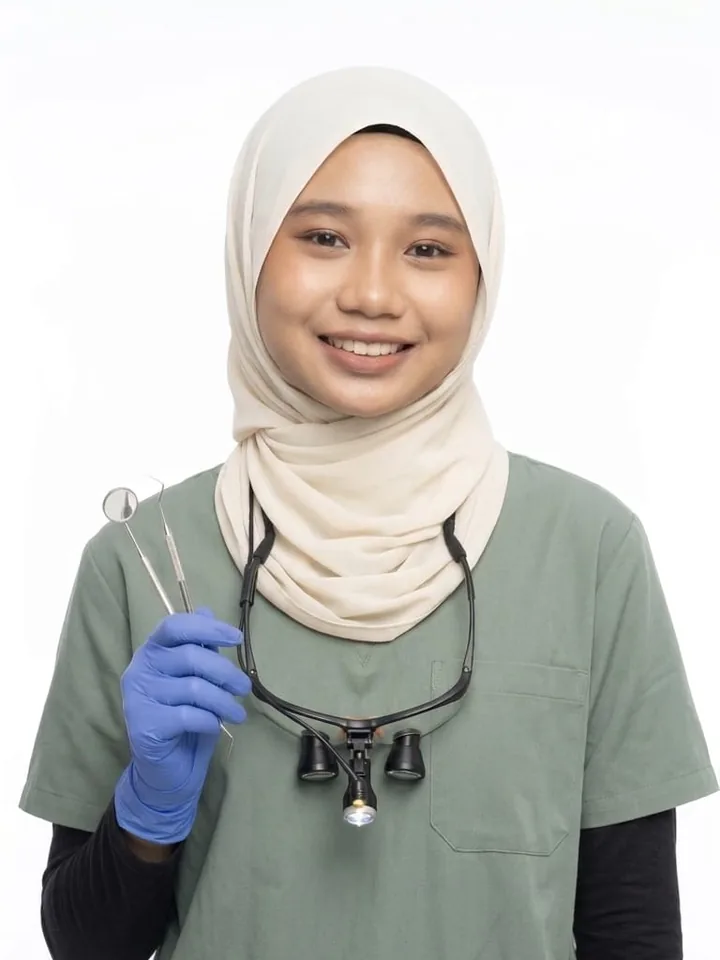 Locum dentist in scrubs holding dental loupes and instruments