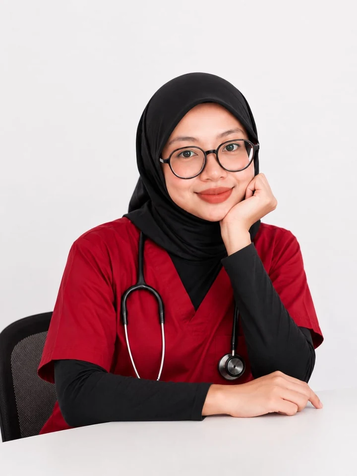 Locum doctor in red scrubs and glasses with a stethoscope