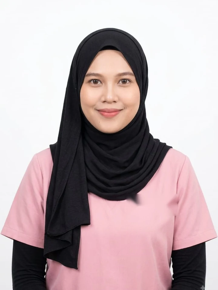 Locum nurse in a pink uniform and black hijab