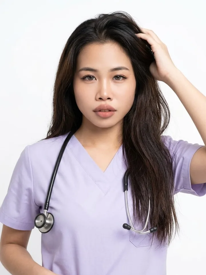 Locum nurse in lilac scrubs with a stethoscope