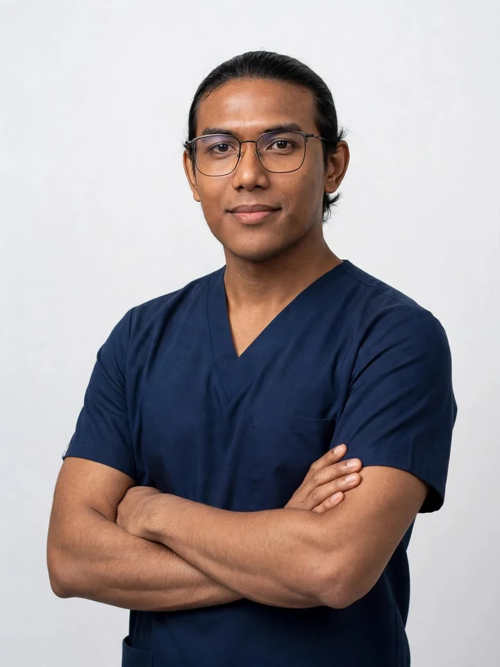 Locum dentist in navy scrubs with arms crossed