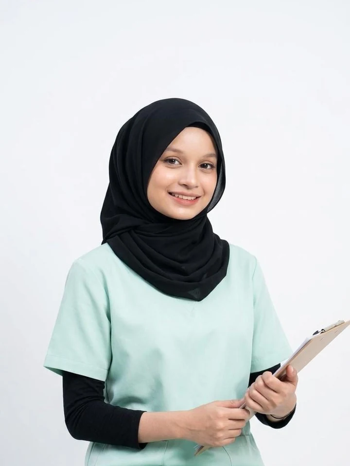 Nurse in mint green scrubs holding a clipboard